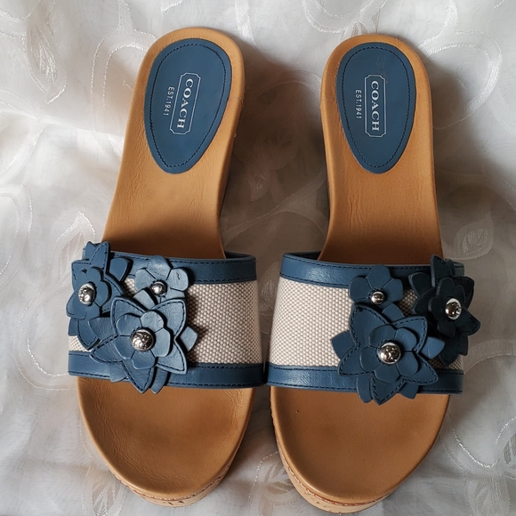 Blue Coach wedge slip on sandals - Picture 2 of 4